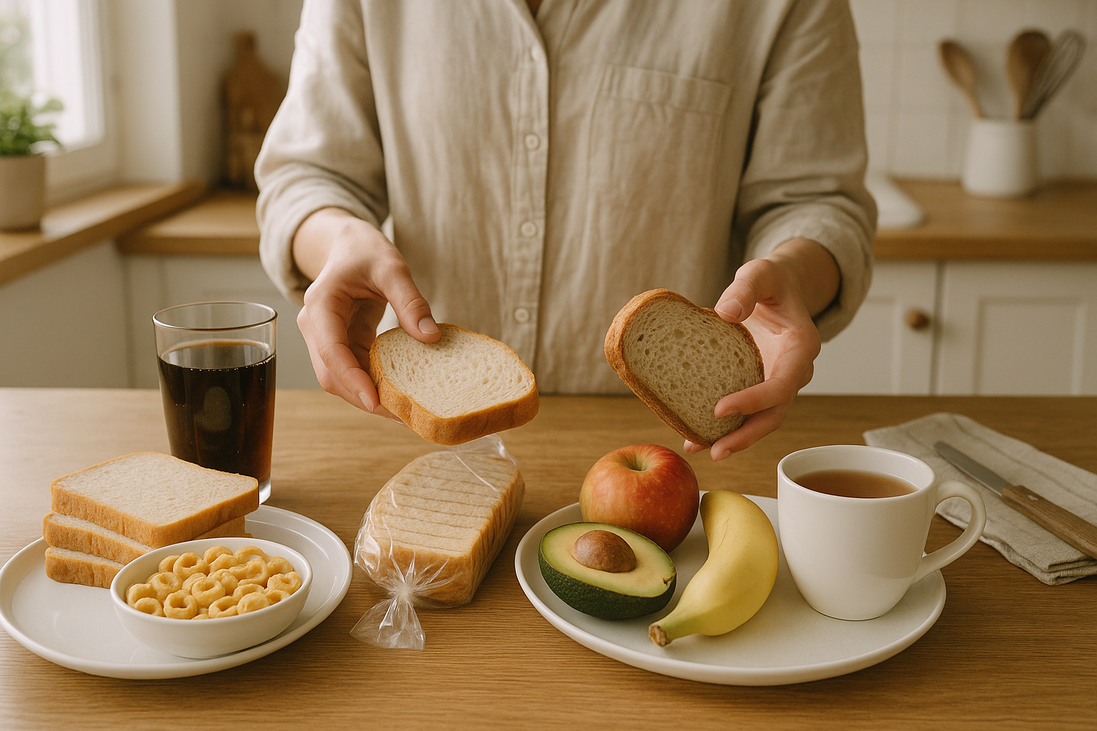 A person standing in a bright kitchen, swapping processed foods like white bread, soda, and sugary cereal for healthier options such as sourdough bread, avocado, fresh fruit, and tea on a wooden counter. Natural light shines through a nearby window, showing a real, everyday moment of making mindful food choices.