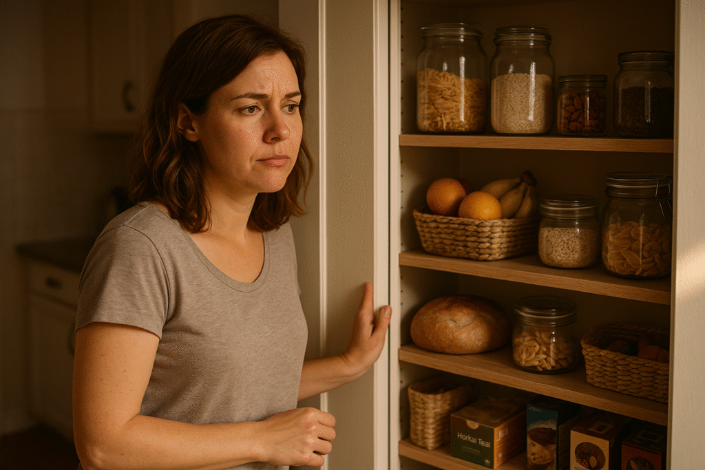 A woman stands in front of an open pantry, gazing at the food with a doubtful expression, surrounded by both wholesome ingredients and processed snacks, reflecting a mindful moment of choice.