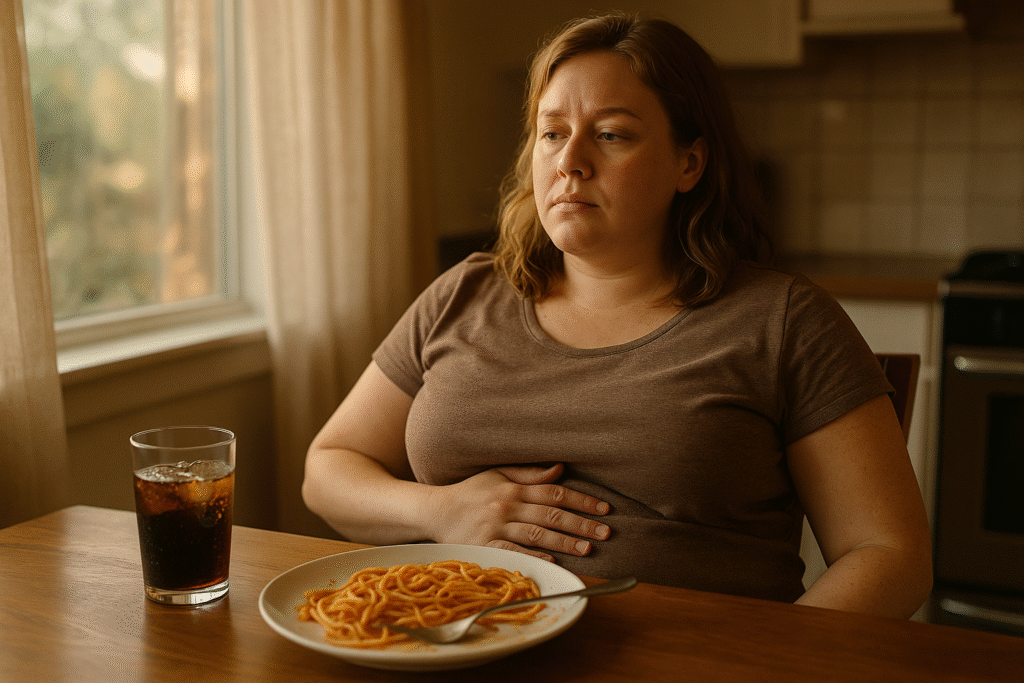 A woman sits at a kitchen table after eating pasta and drinking soda, resting her hand on her stomach with a reflective expression, noticing how she feels after the meal in soft natural light