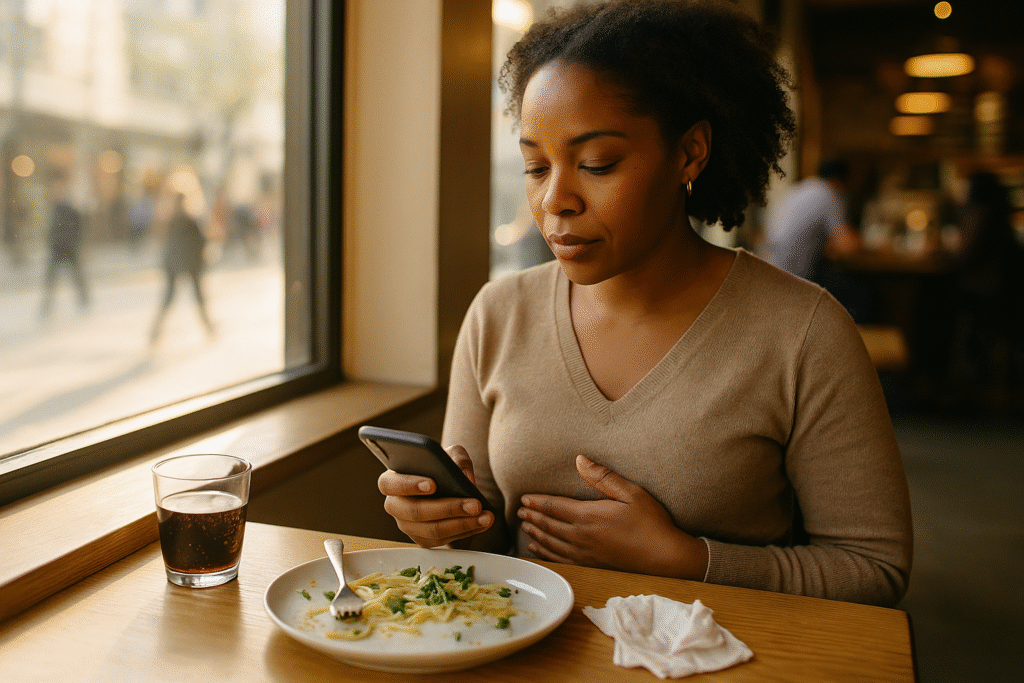 A Black woman sits by a café window, typing on her phone after a meal, with a calm, reflective expression as she notices how her body feels, surrounded by soft natural light and a warm, mindful atmosphere.