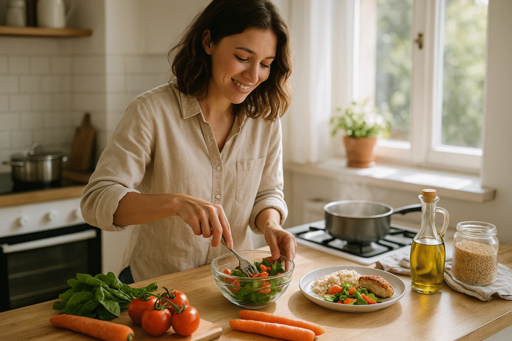 A woman prepares a colorful, simple meal in her kitchen, smiling softly as she mixes fresh vegetables and rice, surrounded by natural light and a calm, balanced atmosphere that reflects easy, mindful eating.