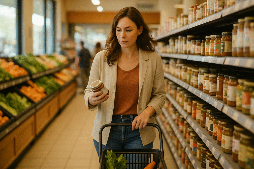 A woman walks through a supermarket aisle, reading food labels with a calm, focused expression, surrounded by fresh produce and groceries, symbolizing the gradual process of building mindful eating habits